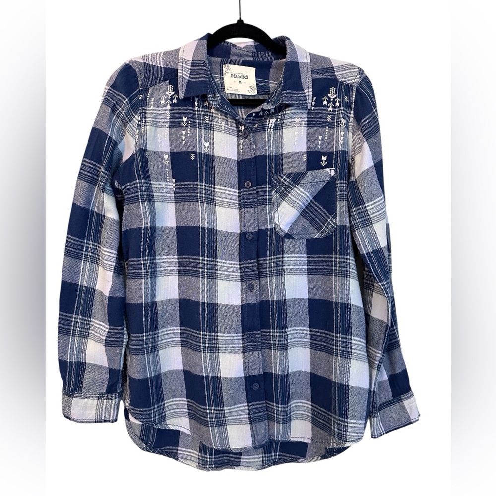 Mudd Blue and White Button Down Flannel Shirt with Graphic Design Sz M